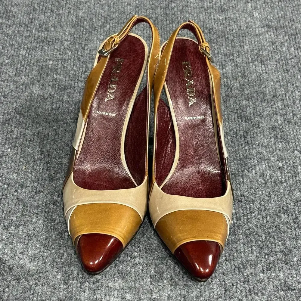 PRADA Shoes Womens 6 Multicolor Patchwork Slingback Heels Warm Toned Italy